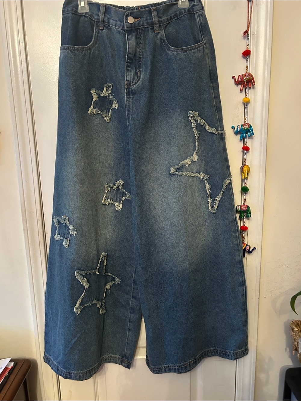 SAGE + FIG Super Wide Leg Denim Jeans with Frayed Edged Star Patches